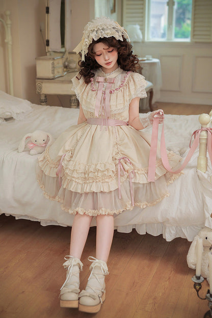 Apricot [Lily's Dream] Stand Collar Short Sleeves Loose-Fit Doll-Like Multi-Layered Ruffled Bow Lace Sweet Lolita Dress 2 Versions
