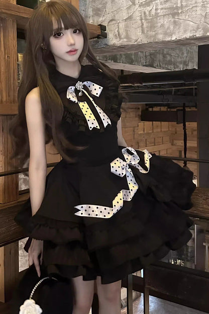 Black Multi-Layered Polka Dots Print Ruffle Bowknot Gothic Lolita Dress