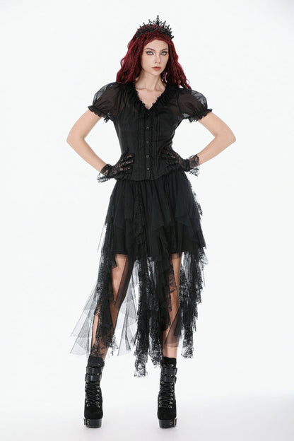 Black Deep V Collar Short Puff Sleeves Multi-Layered Ruffled Lace Sheer Women's Gothic Blouse