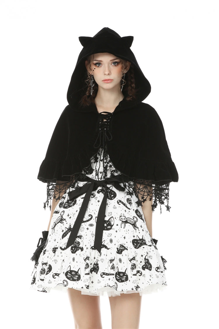 Black Lace-Up Women's Lolita Cat Ears Hooded Cape with Star Tassels