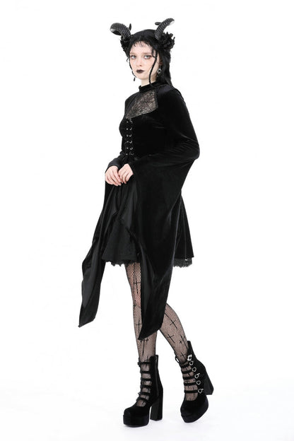 Black Long Trumpet Sleeves Spliced Lace-Up Spider Mesh Women's Gothic Velvet Wedding Dress