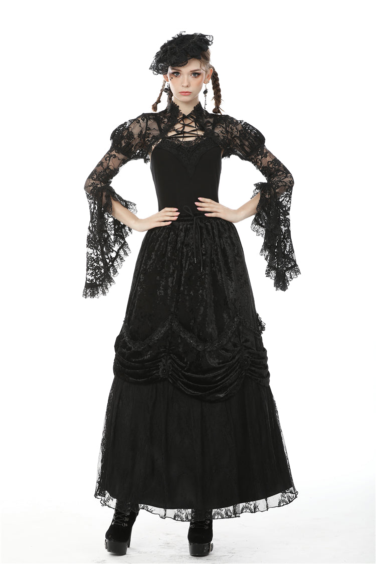 Black Long Puff Sleeves Sheer Floral Lace Lace-Up Women's Gothic Cape