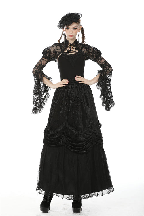 Black Long Puff Sleeves Sheer Floral Lace Lace-Up Women's Gothic Cape