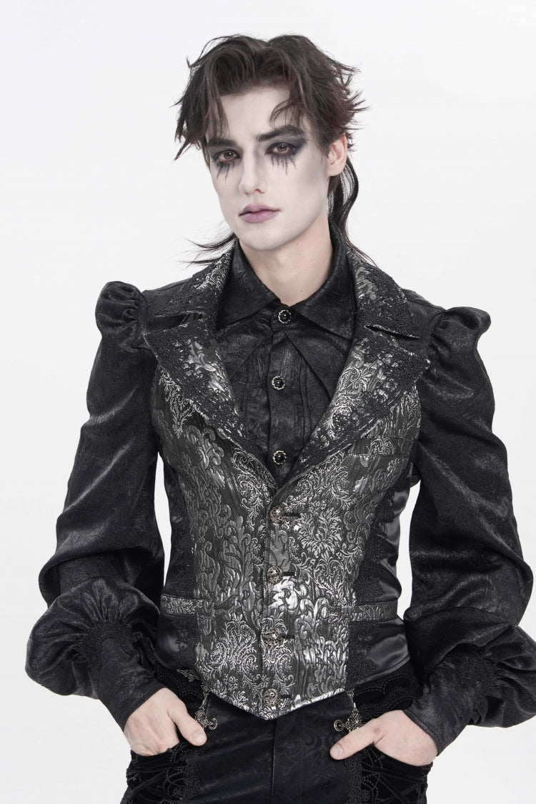 Black Lapel Collar Off Shoulder Halterneck Sleeveless Jacquard Lace Slim Color-Blocked Men's Gothic Palace Vest