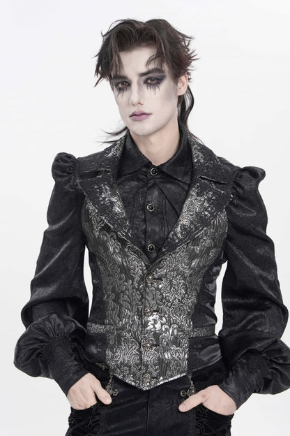 Black Lapel Collar Off Shoulder Halterneck Sleeveless Jacquard Lace Slim Color-Blocked Men's Gothic Palace Vest