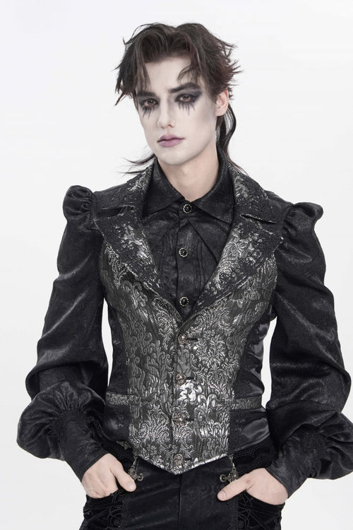 Black Lapel Collar Off Shoulder Halterneck Sleeveless Jacquard Lace Slim Color-Blocked Men's Gothic Palace Vest