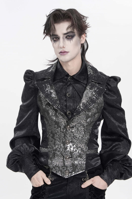 Black Lapel Collar Off Shoulder Halterneck Sleeveless Jacquard Lace Slim Color-Blocked Men's Gothic Palace Vest