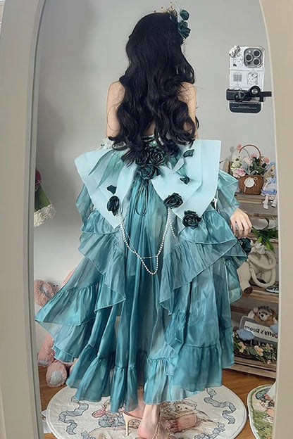 Amber Green [Swan Wonderland] Embroidery Bowknot Lace-Up Short Front Long Back Irregular Sweet Ballet Lolita Jsk Dress