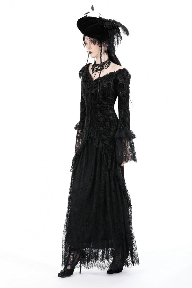 Black Off Shoulder Lace Long Trumpet Sleeves Lace-Up Women's Gothic Bodycon Dress