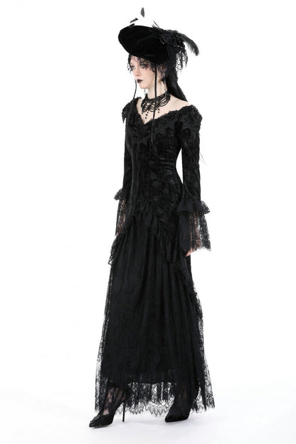 Black Off Shoulder Lace Long Trumpet Sleeves Lace-Up Women's Gothic Bodycon Dress