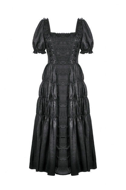 Black Lace Square Collar Short Puff Sleeves Lace-Up Ruched Women's Gothic Wedding Dress