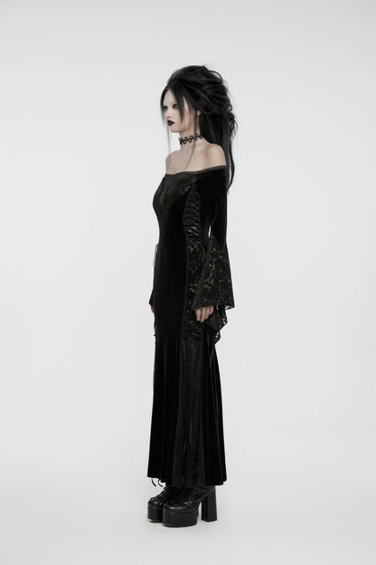 Black Off Shoulder Long Trumpet Sleeves Embroidered Spliced Lace Lace-Up Women's Gothic Gorgeous Palace Strapless Velvet Dress