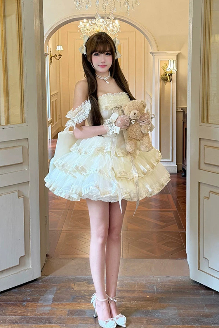 Apricot [Princess Ribbon] Off Shoulder Triple-Layered Ruffle Bowknot Sweet Lolita Dress