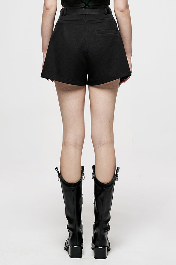 Black Casual Cross Lamination High Waist Design Metal Crescent Accessories Decoration Fake Women's Punk Two-Piece Shorts
