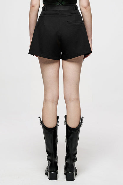 Black Casual Cross Lamination High Waist Design Metal Crescent Accessories Decoration Fake Women's Punk Two-Piece Shorts
