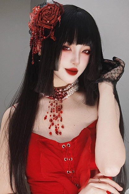 Black Layered Hime-Cut Vintage Elegant Princess Lolita Twin-Tail Wig
