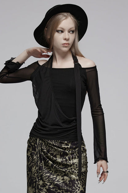 Black Boat Neck Long Sleeves Asymmetric Women's Punk T-Shirt