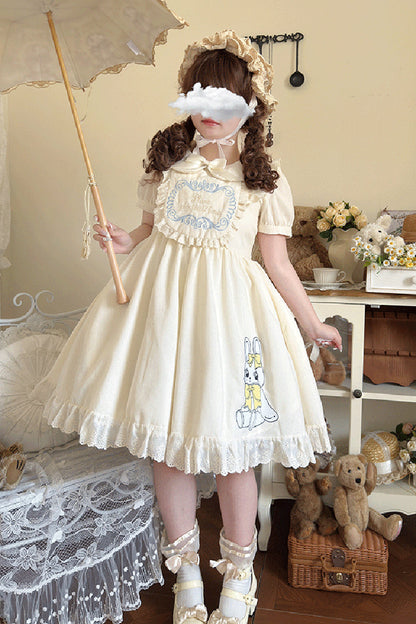 Apricot [Sweet Dream Bunny] Doll Collar Short Sleeves Ruffle Embroidery Bowknot Sweet Plus Size Lolita Dress