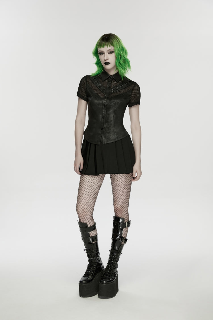 Black Lapel Collar Short Sleeves Lace-Up Mesh Eyelet Women's Punk Blouse