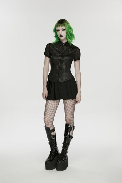 Black Lapel Collar Short Sleeves Lace-Up Mesh Eyelet Women's Punk Blouse