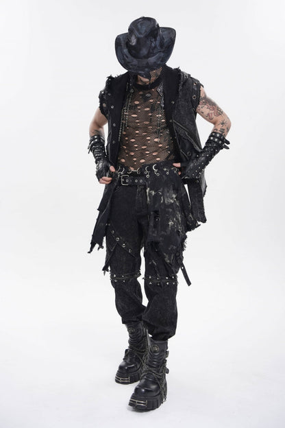 Black Irregular Ripped Buckled Pleated Chain-Decorated Men's Punk Skirt