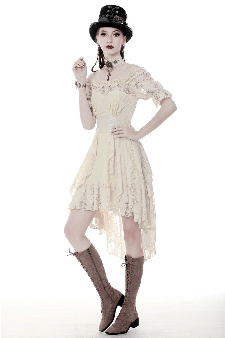 Beige Ruffled Off Shoulder Short Sleeves Ruched Women's Steampunk Vintage Gorgeous Graduation Dress