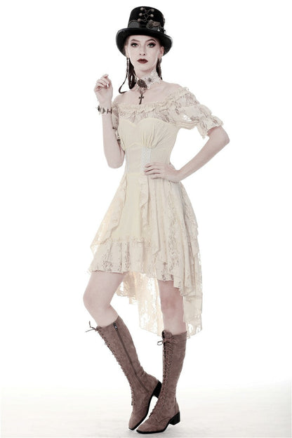 Beige Ruffled Off Shoulder Short Sleeves Ruched Women's Steampunk Vintage Gorgeous Graduation Dress