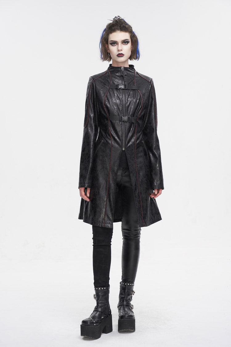 Black Double Buckle Faux Leather Long Women's Punk Coat
