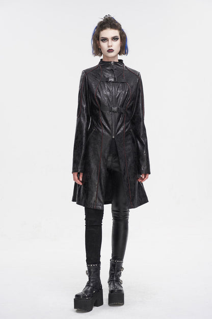 Black Double Buckle Faux Leather Long Women's Punk Coat