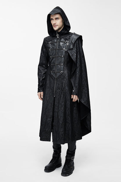Black Hooded One Side Shawl Style Mens Leather Long Punk Coat