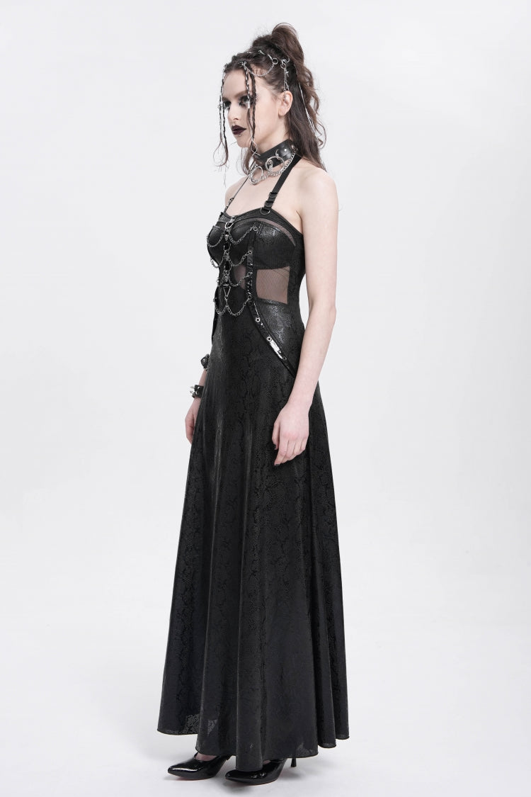 Black Halterneck Stitching Mesh Chained Women's Punk Dress