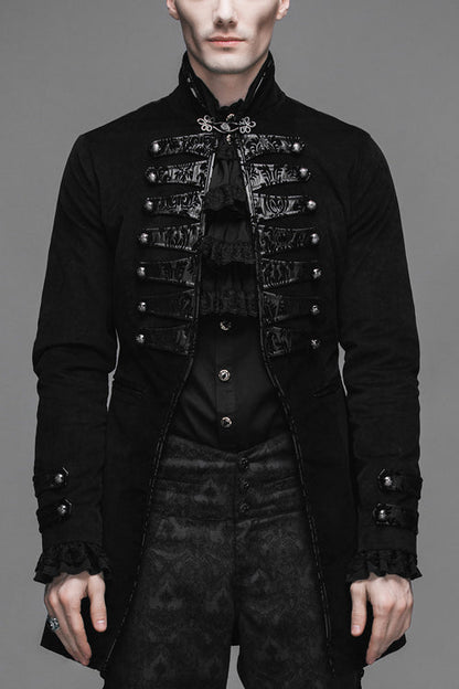 Black Fake Two Pieces Embroidered Turn Down Collar Long Sleeves Velvet Mens Gothic Coat