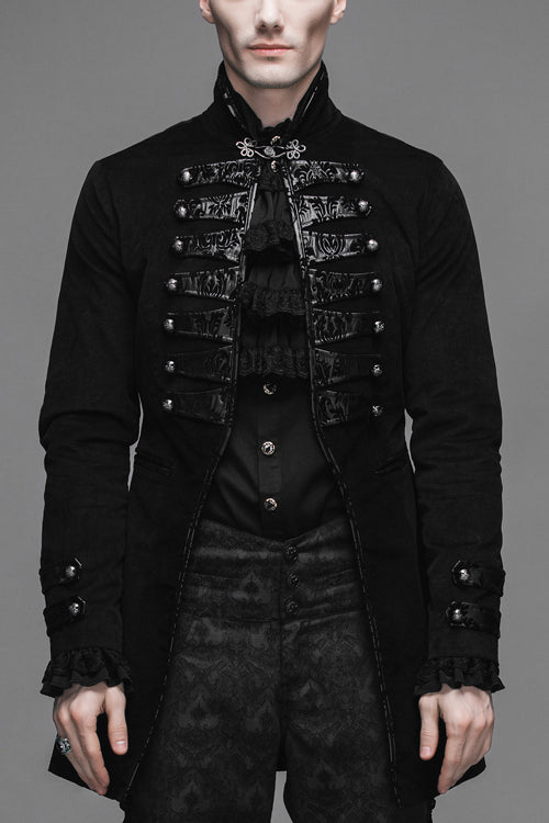 Black Fake Two Pieces Embroidered Turn Down Collar Long Sleeves Velvet Mens Gothic Coat