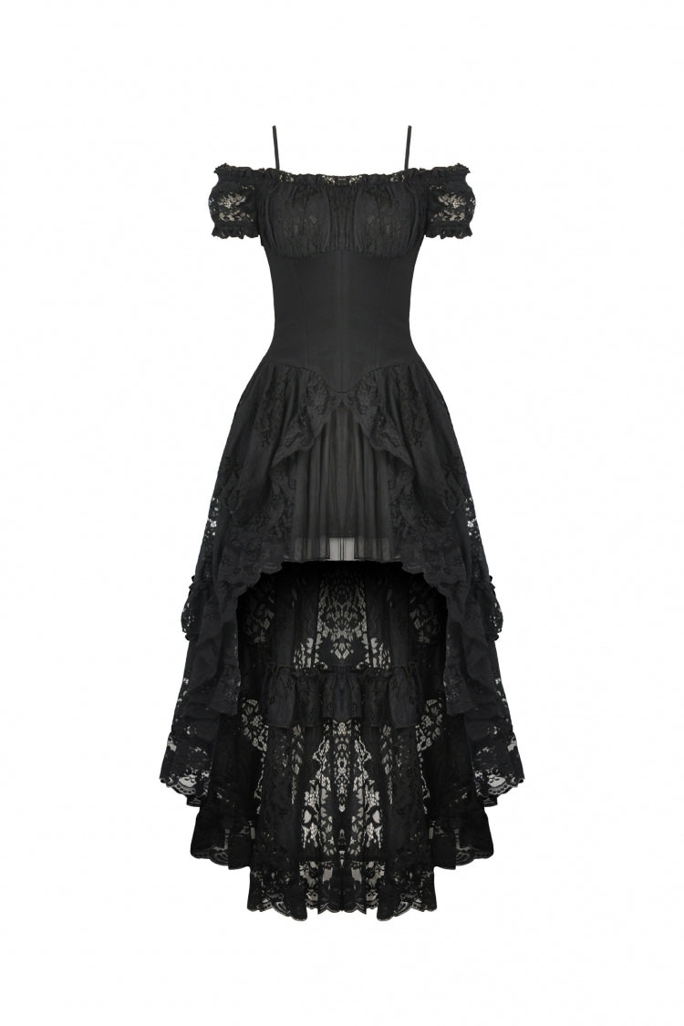 Black Boat Neck Off Shoulder Short Puff Sleeves Ruffled Lace Lace-Up Irregular Women's Gothic Dovetail Dress