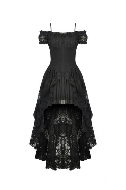 Black Boat Neck Off Shoulder Short Puff Sleeves Ruffled Lace Lace-Up Irregular Women's Gothic Dovetail Dress