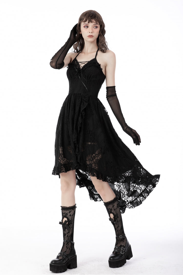 Black Off Shoulder Halterneck Ruffled Lace-Up Swallow Tail Floral Lace Women's Gothic Dress
