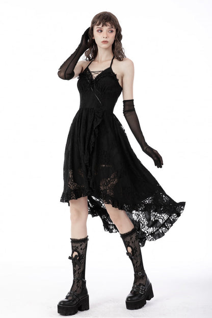 Black Off Shoulder Halterneck Ruffled Lace-Up Swallow Tail Floral Lace Women's Gothic Dress