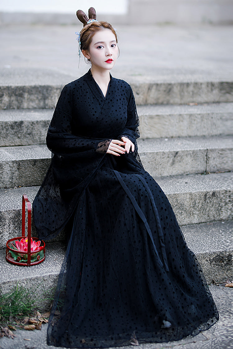 Black Costume Polka Dot Print Classic Hanfu Dress