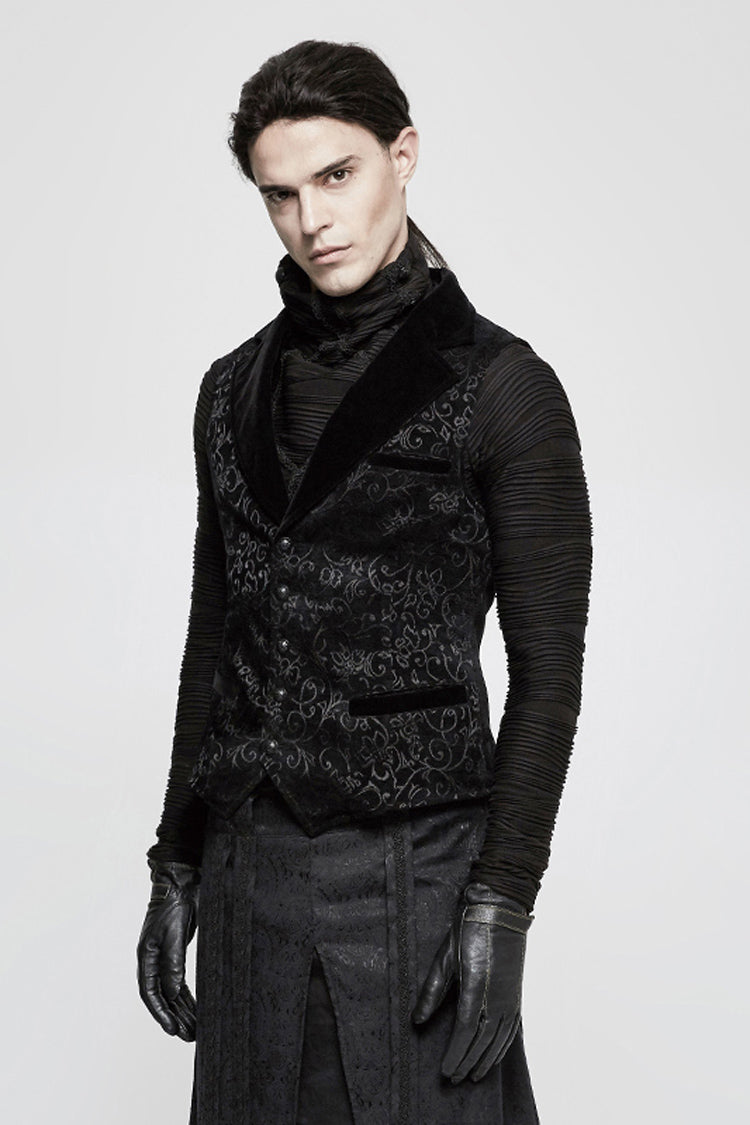Black Jacquard Velvet Gothic Vintage V Collar Print Mens Vest