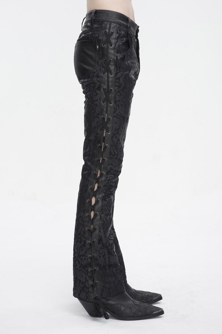 Black Lace Up Totem Printed Men's Punk Flared Pants