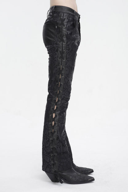 Black Lace Up Totem Printed Men's Punk Flared Pants