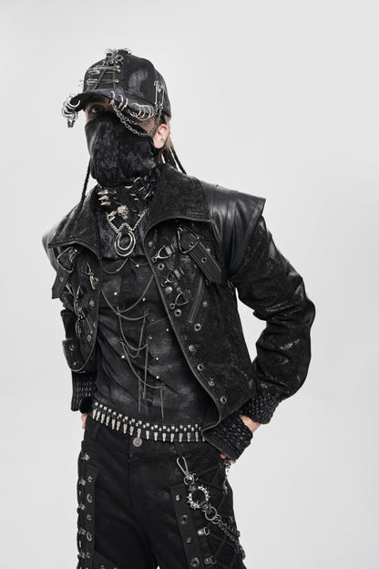 Black Faux Leather Stitching Buckle Zipper Straps Men's Punk Coat