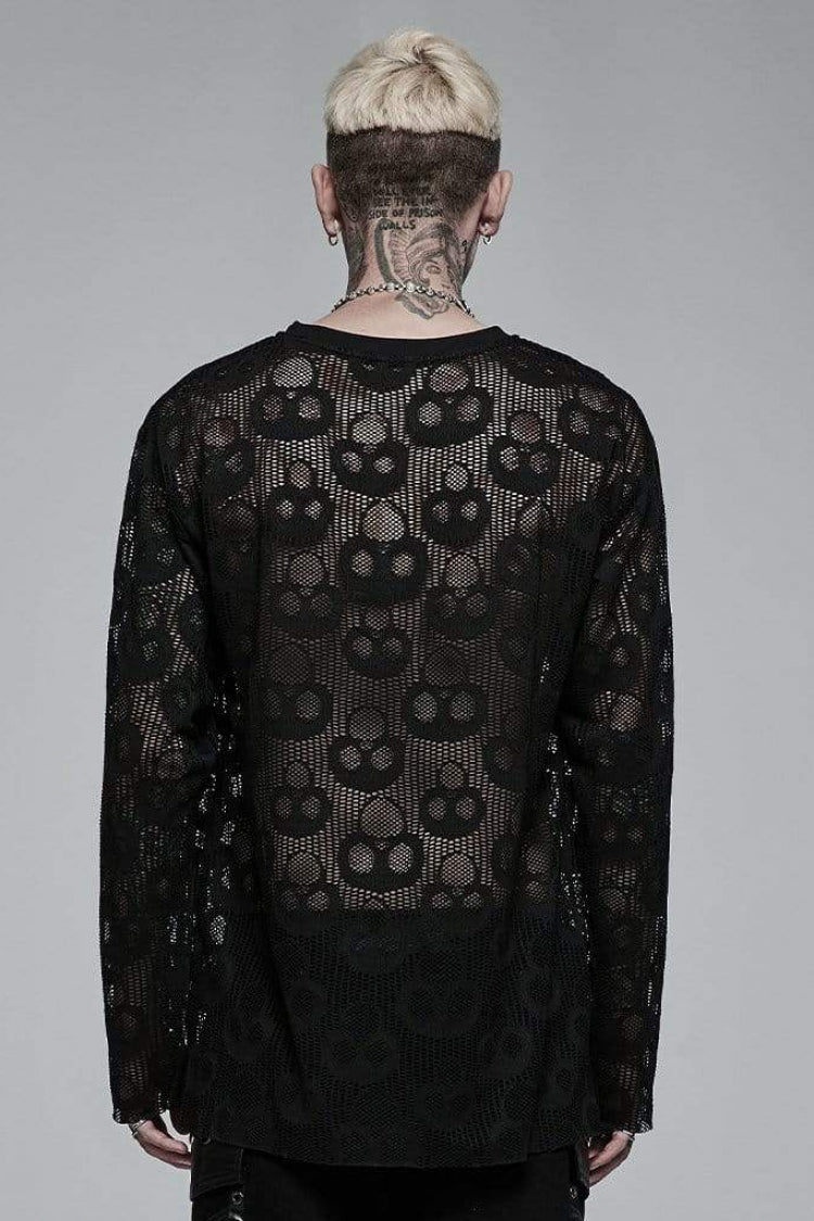 Black Long Sleeves Skull Print Lace Sheer Mesh Men's Steampunk T-Shirt