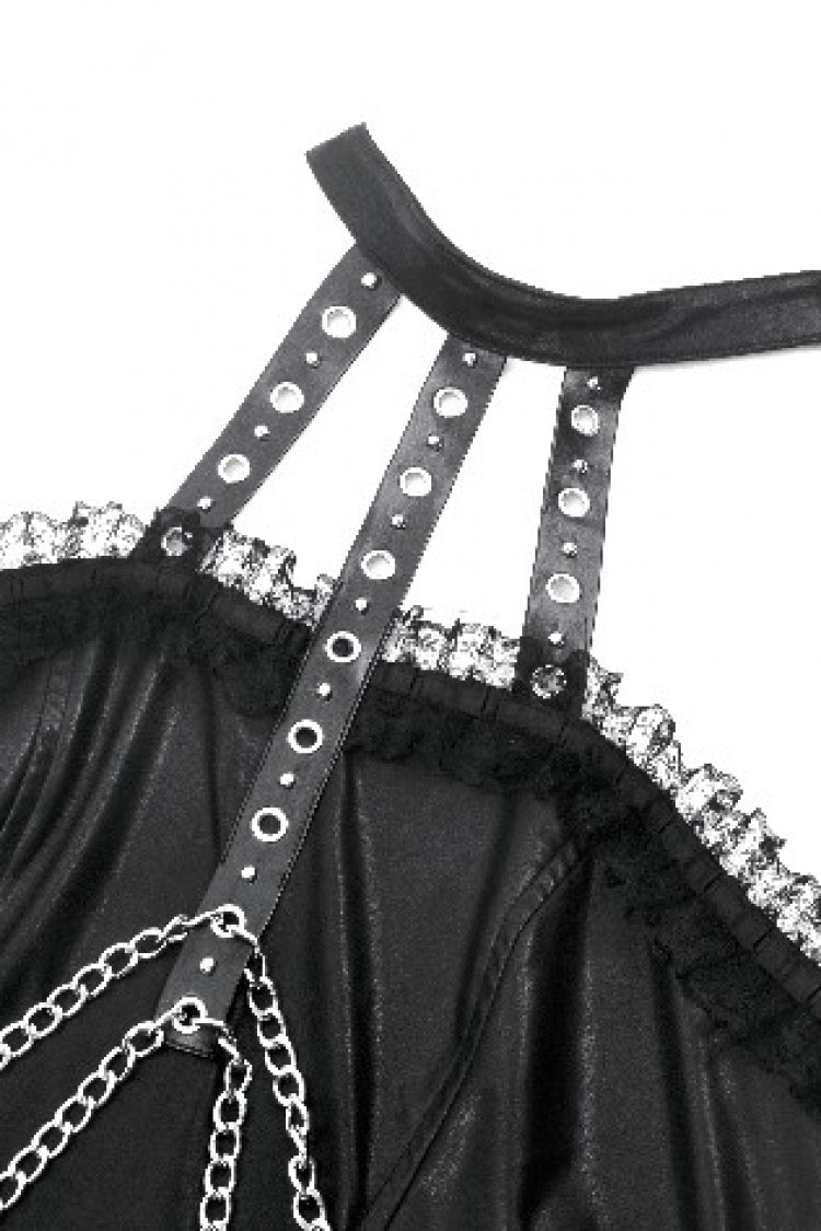 Black Halterneck Zippered Chain-Decorated Eyelet Women's Punk Faux Leather Dress