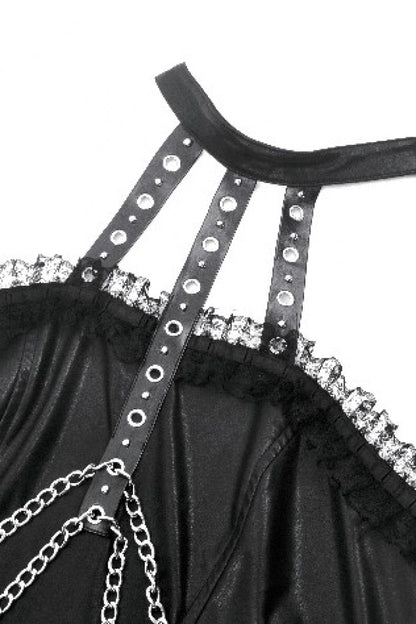 Black Halterneck Zippered Chain-Decorated Eyelet Women's Punk Faux Leather Dress