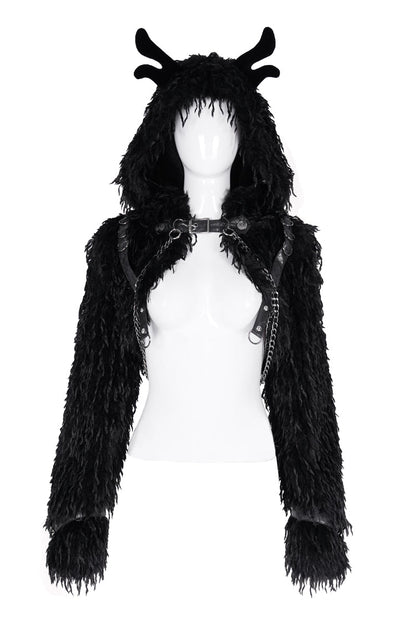Black Long Sleeves Hooded Women's Gothic Chain Buckle-up Horn Cape