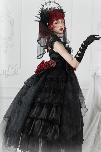 Black Multi-Layered Ruffled Hanayome Bow Pearl-Decorated Gothic Lolita Jsk Dress Full Set 2 Versions