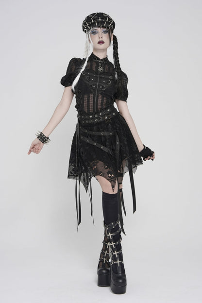 Black Double-Layered Lace Lace-Up Irregular Mesh Eyelet Women's Punk Skirt