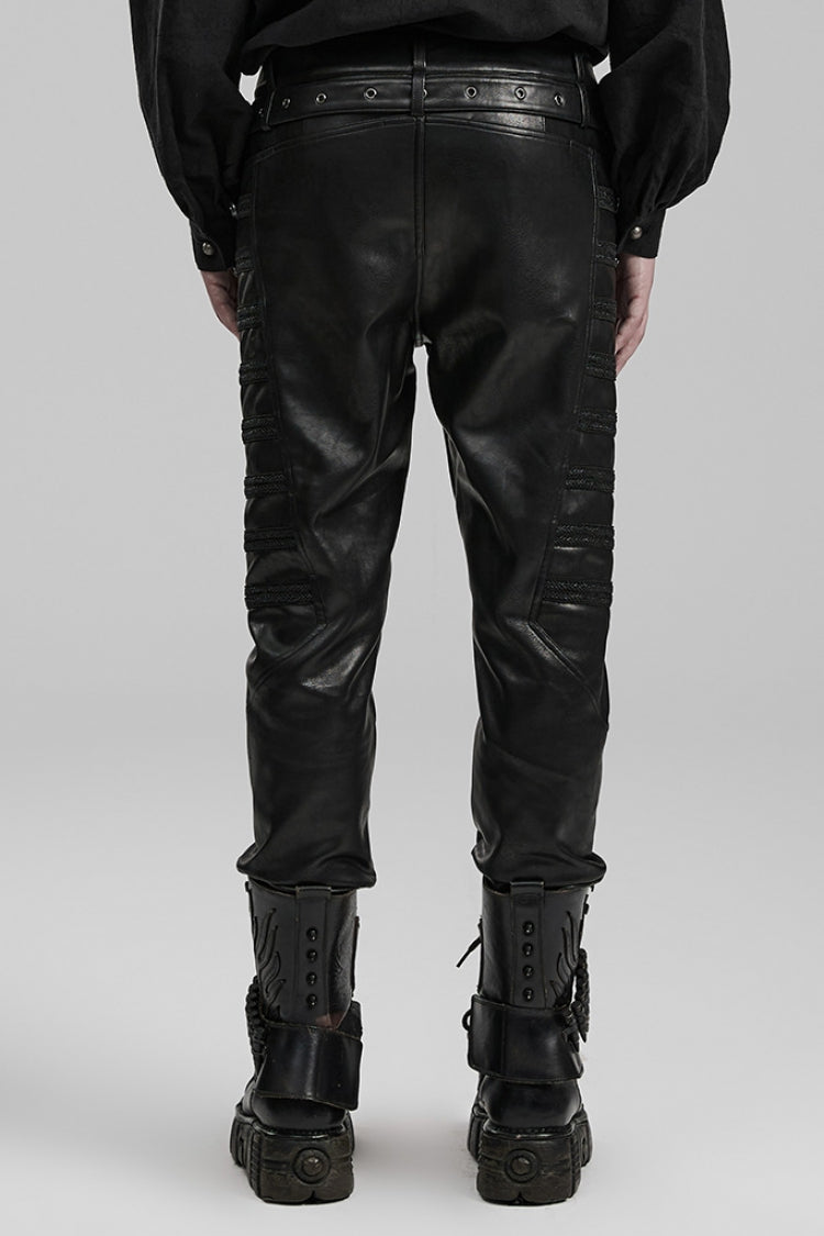 Black Metal Buckles Faux Leather Men's Steampunk Pants