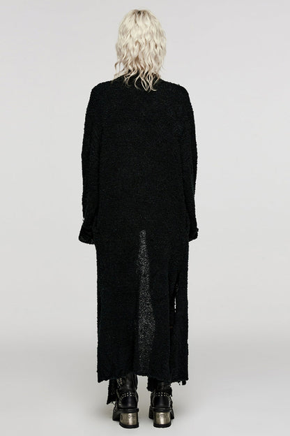 Black Lapel Collar Long Sleeves Wool Slit Hem Irregular Women's Punk Jacket